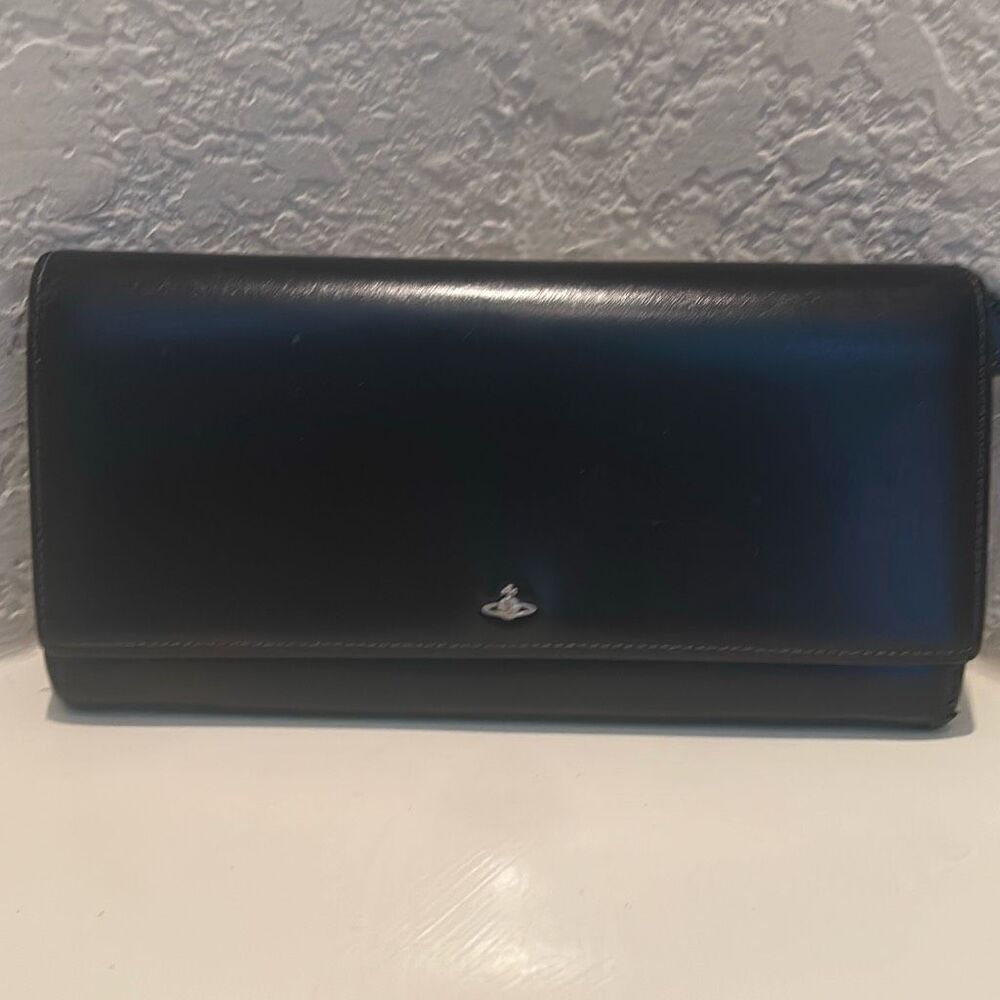 Vivienne Westwood Long Wallet Black Leather Silver Orb Logo Multicompartment